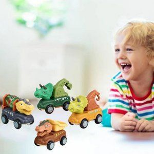 Four Assorted Friction Powered Dinosaur Construction Trucks in a Window